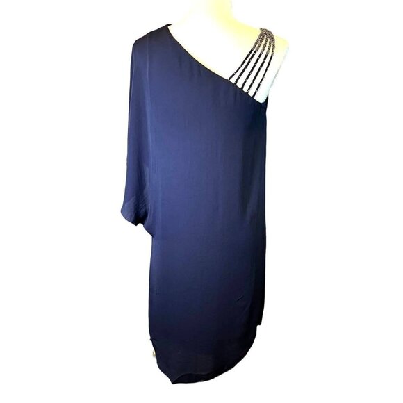 Halston Heritage NWT Navy Chiffon Sheath Dress Beaded Strap Sz 2 Mother of Bride - Picture 2 of 9